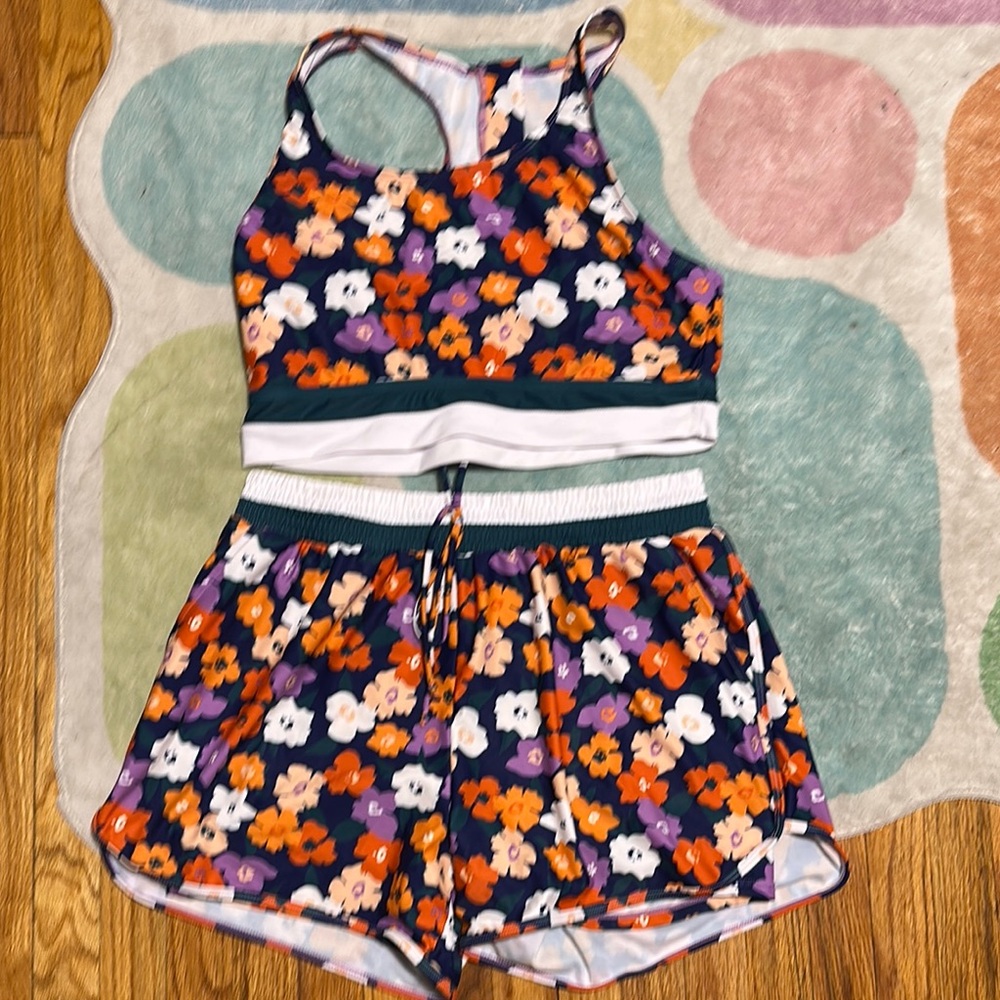 Colorful Floral Racerback Sporty Bikini Top And Boy Short Set